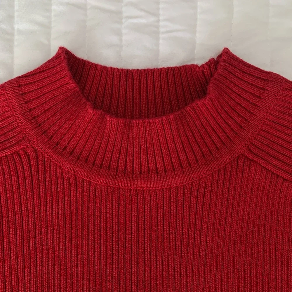 VTG 90s Limited America Knit Top Women M Cherry Red Ribbed Mockneck Short Sleeve